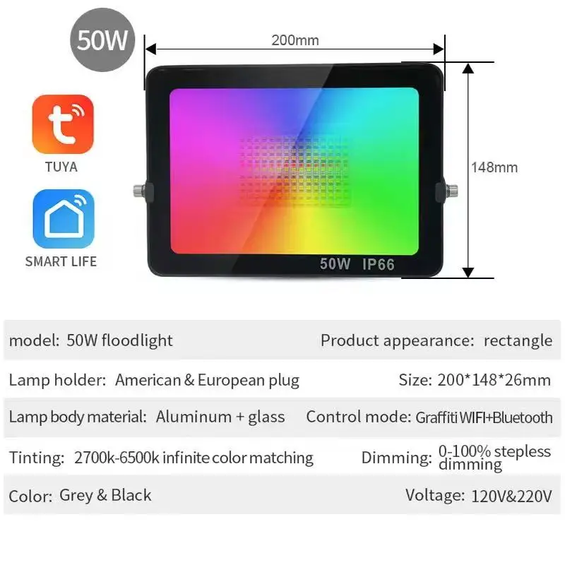 IP65 Smart LED Outdoor Light Tuya WIFI Control LED Flood Light RGBCW Dimmable 50W floodlights