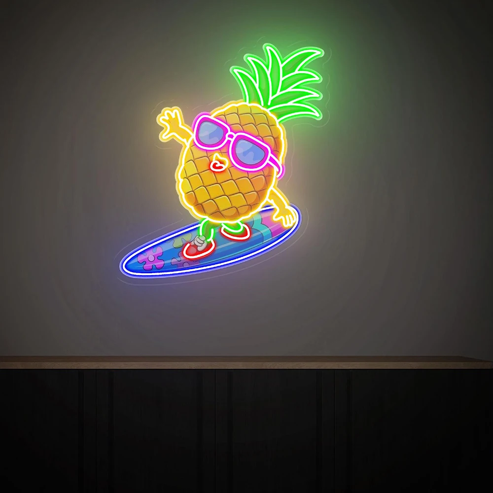 Pineapple Surf Neon Sign Cute Pineapple Living Room Wall Decor LED Neon Light Handmade Custom Fruit Shop Neon Bar Light Sign