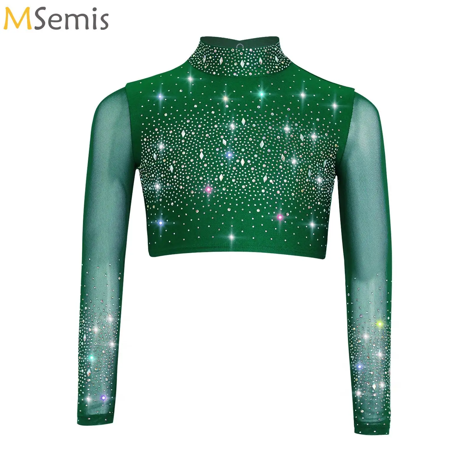 

Kids Girls Dance Top Shiny Rhinestones Sheer Mesh Long Sleeve Stage Performance Costume For Latin Ballet Modern Lyrical Dance