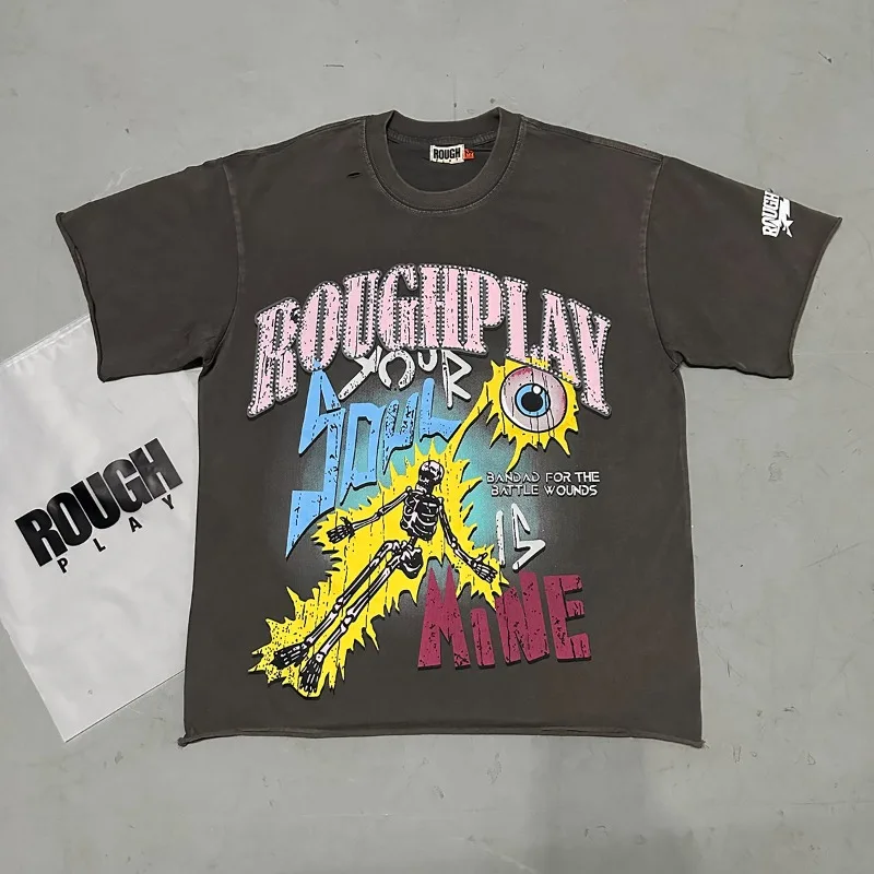 Hip Hop Rough Hole Washed Grey T-shirts Skull Print Oversized Short Sleeve Tee