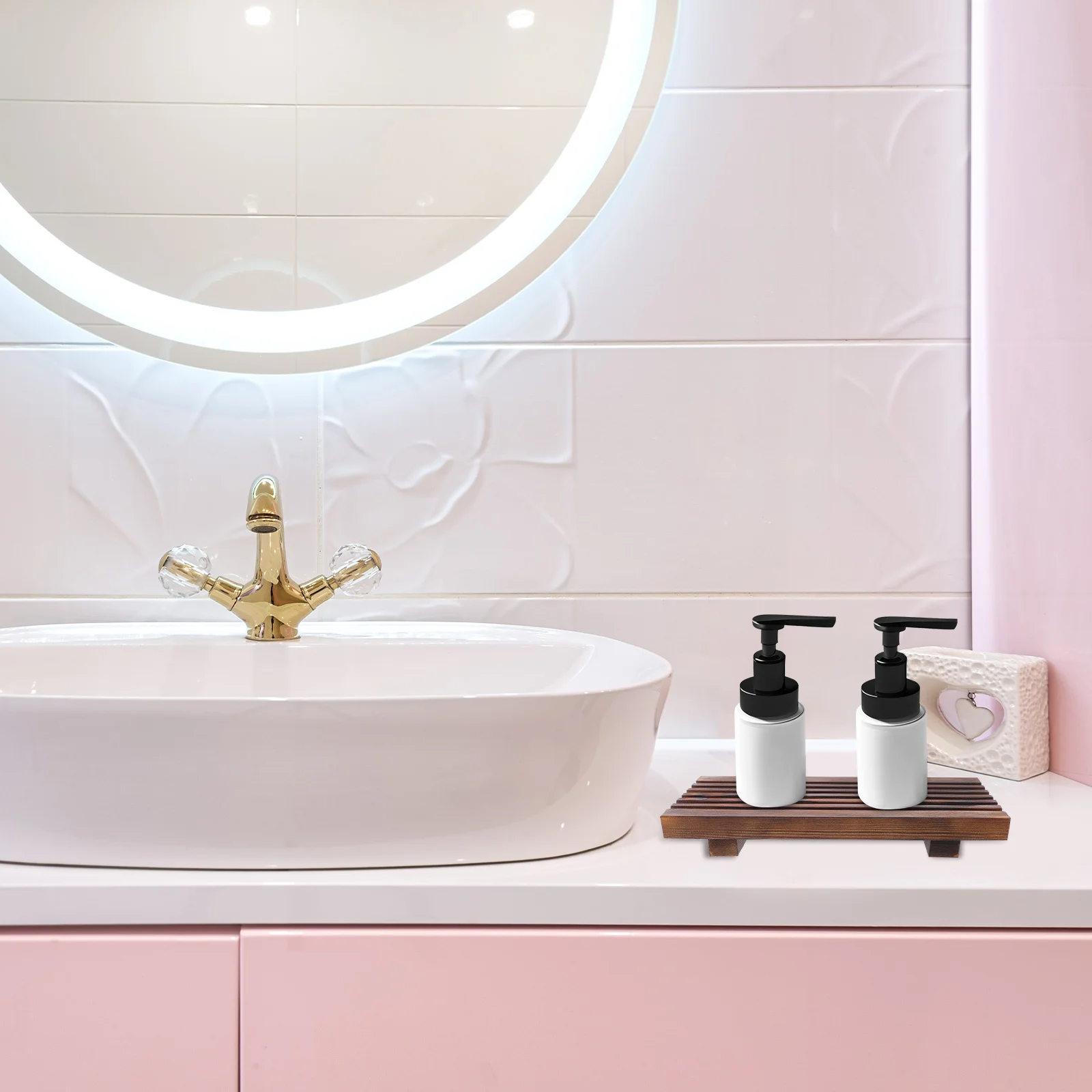 

Bathroom Wood Tray Rustic Wooden Countertop Organizer Vanity Tray Soap Dispenser Holder Decorative Display Stand for Bathroom