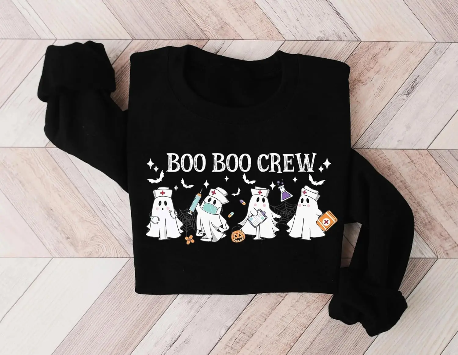 Womens Ghost Nurse Sweatshirt Boo Boo Crew Halloween Nursing Casual Long Sleeve Crew Neck Pullover for Nurse