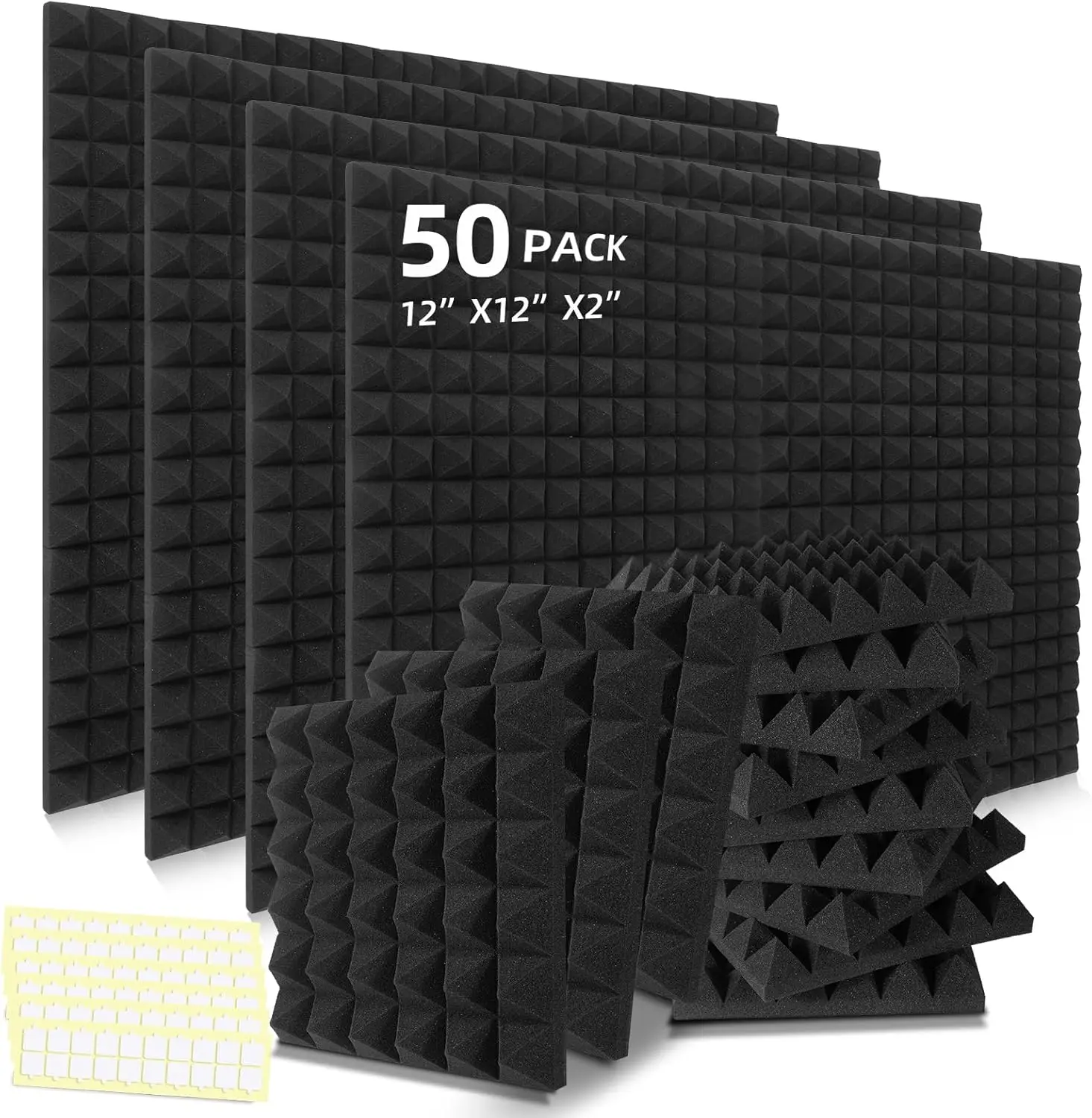 

50 Pack Acoustic Foam Panels, 2x12x12 Inches Pyramid Design, High Density Soundproofing for Studio Walls and Ceiling
