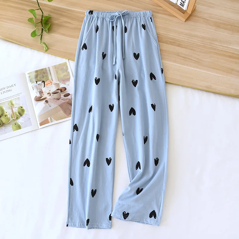 2024 New Spring/Summer Women\'s Sleeping Pants 100% Pure Cotton Knitted Love Pants Straight Leg Casual Home Pants Lounge Wear