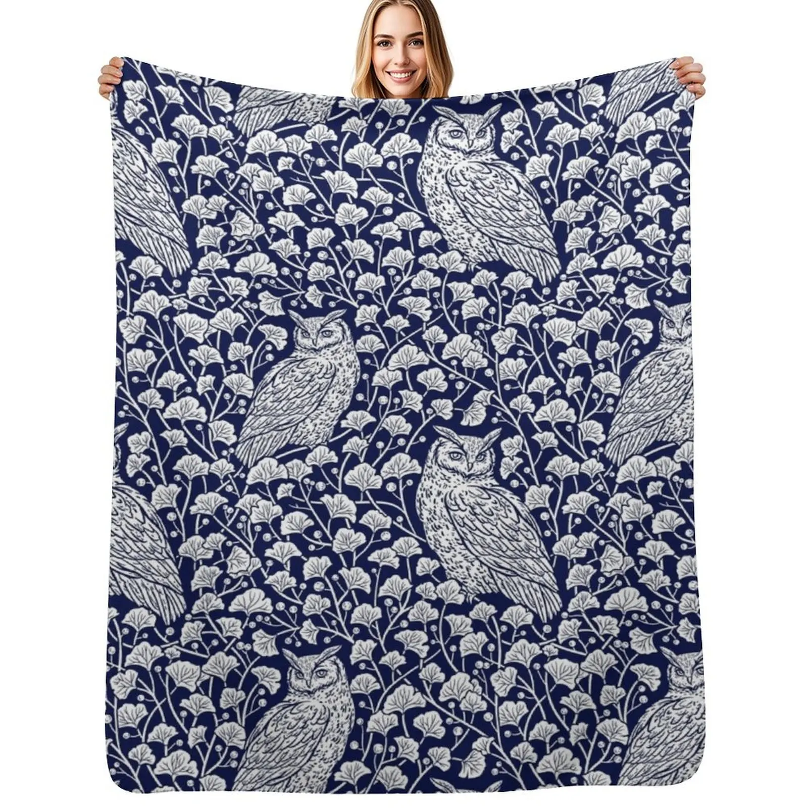 

Winter Blue II - Owls and Gingko Leaves Throw Blanket Soft Home Decor Blanket for Couch Bedroom