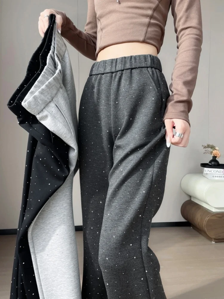 Deep Grey Shiny Sequin Rice Noodle Pants Women's Autumn 2026 New High Waist Straight Leg Loose Drapey Wide Leg Casual Trousers