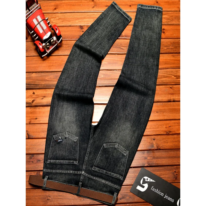 2025년 가을 남성용 트렌디 브랜드 청바지, 두꺼운 데님, 신축성 있는 원단, 세련된 스트릿 슬림핏 슬림핏 팬츠