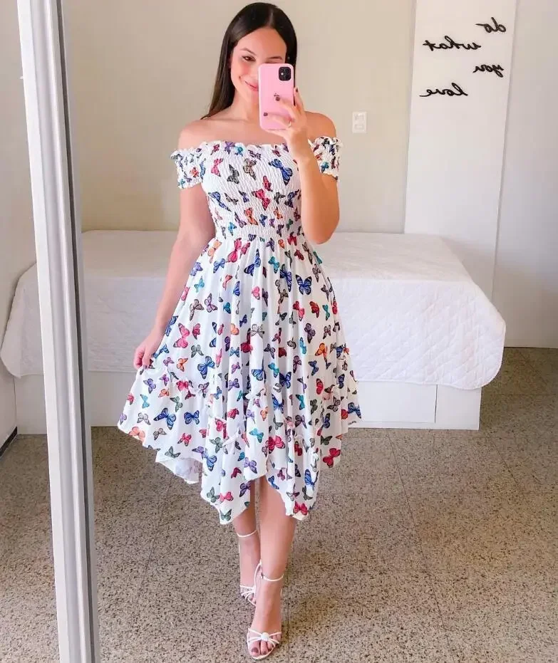 

Fashion One Line Neck Off Shoulder Short Sleeve Printed Dress,6 Colors