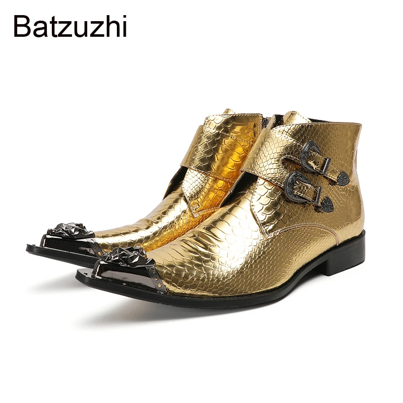 

Batzuzhi Luxury Handmade Men's Boots Pointed Iron Toe Gold Leather Ankle Boots for Man Zip Fashion Party/Wedding Boots Man!