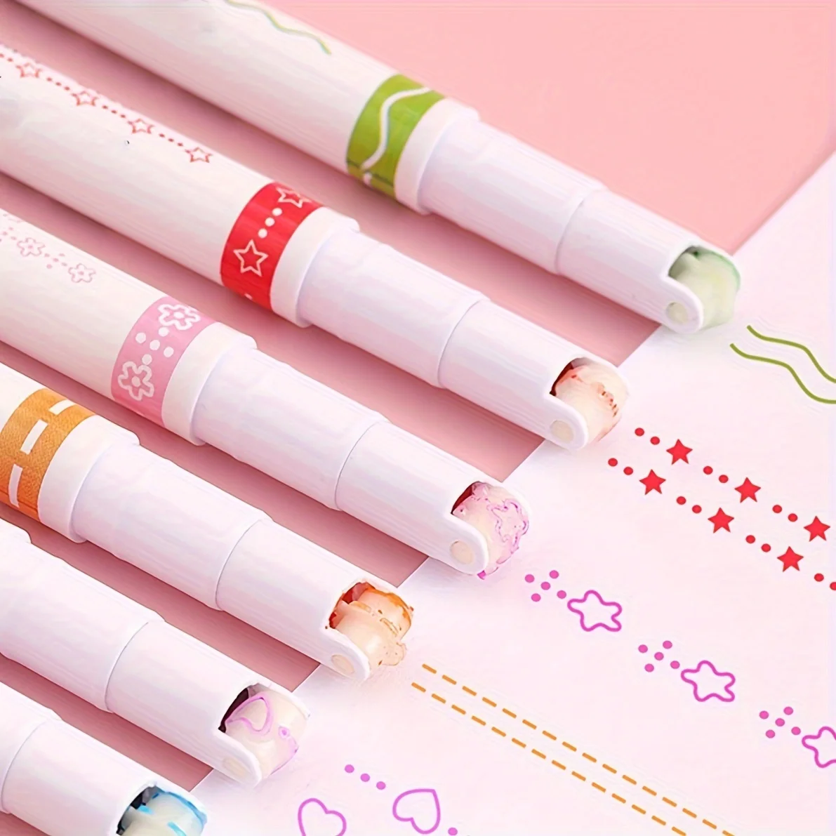 Juego de 6 unidades de rotuladores resaltadores en forma de línea de flores Kawaii, marcador de revestimiento curvo con punta de rodillo para escribir, diario, dibujo, papelería