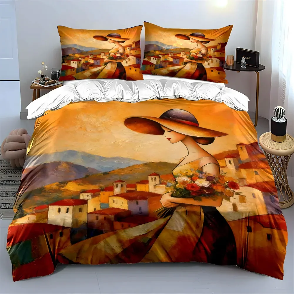 3Pcs Mediterranean Lady Bedding Set,Woman with Flowers and Wide Hat in Village Print Duvet Cover + 2 Pillowcases,Warm Art Decor
