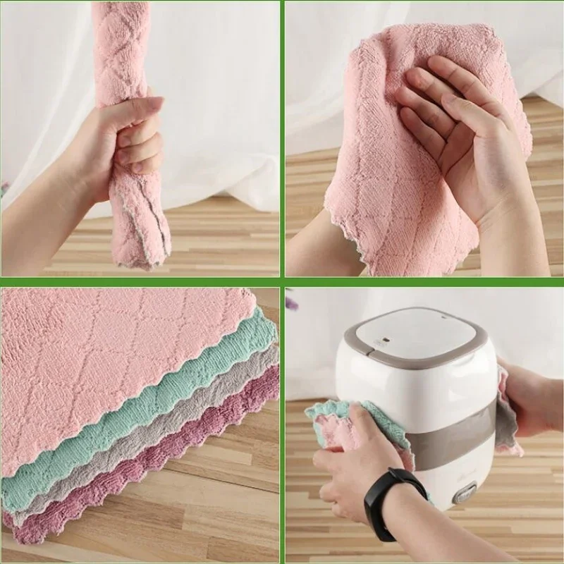 1/5/10pcs Soft Reusable Dish Towels Thickened Coral Fleece CleaningRags Household Absorbent Non-shedding Dishwashing Cloth Doubl