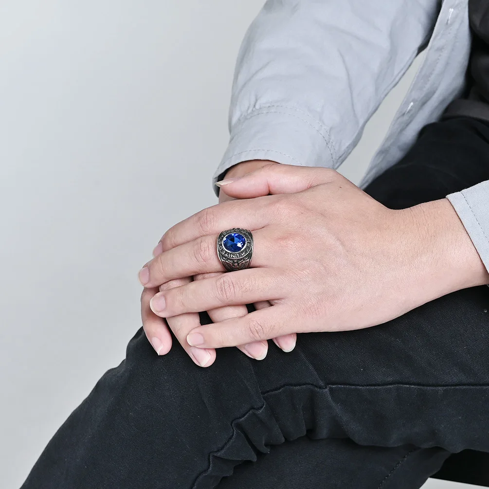 Punk Hip Hop US Army Navy Air Corps Stainless Steel Eagle Ring Men's Fashion Vintage Blue Red Stone Ring Jewelry Gift Wholesale - view 3