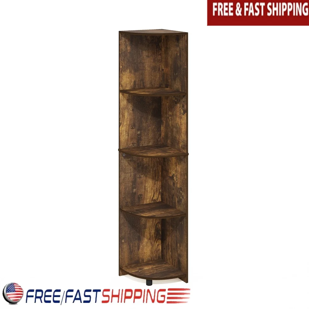 

Compact 4-Tier Corner Shelf Bookcase Amber Pine Space Saving Storage Books Decor Easy Assembly Stylish Design