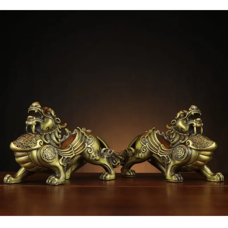 Brass , Money , and Domineering – a pair of copper Pixiu figurines for home or shop decoration, symbolizing weal