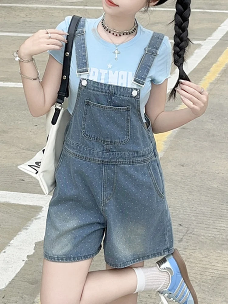 

Новые летние джинсовые брюки в горошек, женские свободные широкие цельные комбинезоны с высокой талией, повседневные синие джинсовые брюки