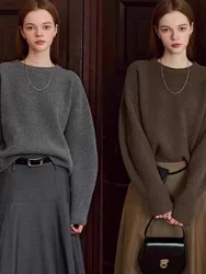 Vintage thick cashmere knitwear women's fall/winter loose shoulder crew neck sweater base sweater