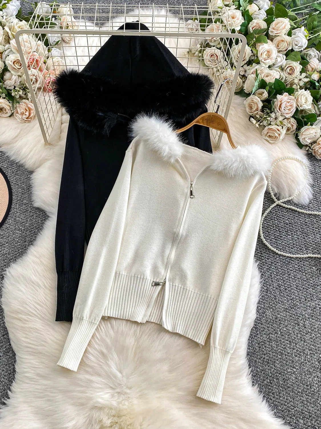 

Trendy Women's Zipper Hooded Knitwear Winter Casual Slim Fit Patchwork Furry Top Comfortable Medium Thiened Long Sve