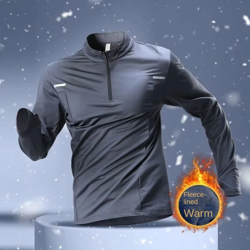 Men Winter Half Zipper Fleece Lined Warm Long Sleeve Top Quick Dry Autumn Outdoor Running Training Shirt