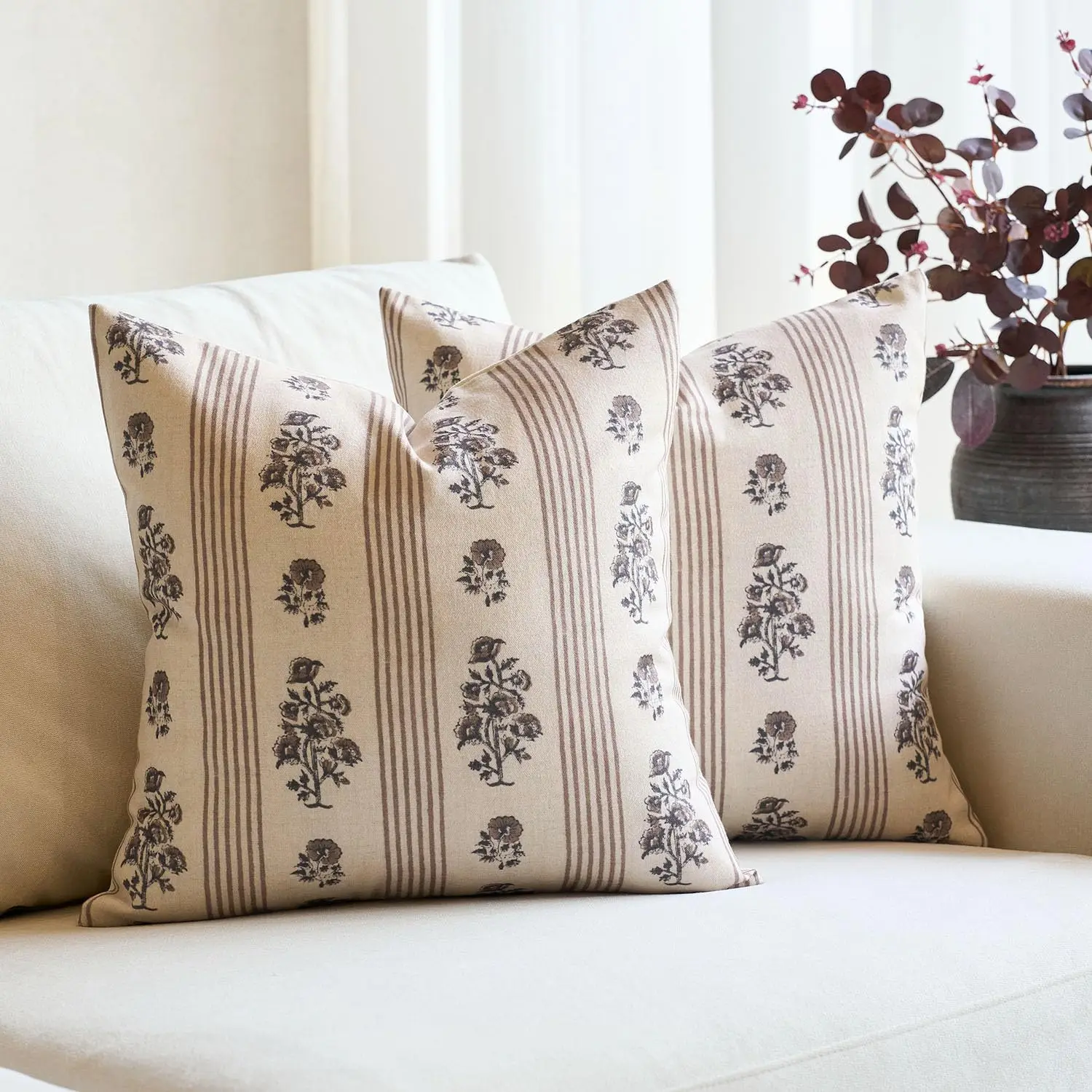 

Floral Throw Pillow Covers Set of 2 Block Print Pillow Covers Neutral Floral Striped Farmhouse Pillow Covers for Sofa Couch Bed