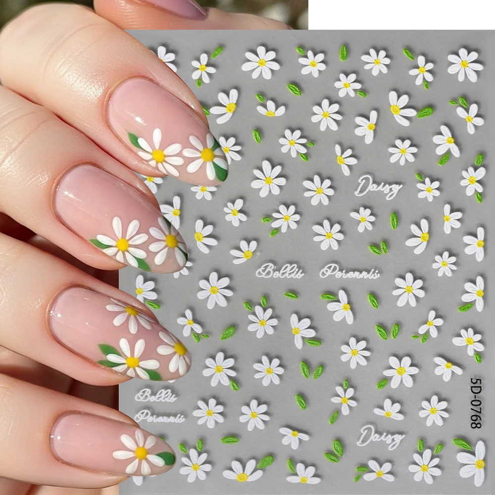 1Pcs 5D Embossed Daisy Nail Stickers White Daisy Flower with Green Leaves Self-Adhesive Nails Decals for Fresh Spring Manicure n