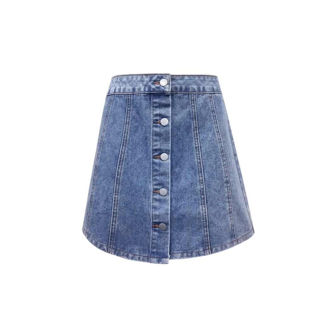 

European and American style women's single breasted waist cinched denim skirt fashionable and versatile mini skirt