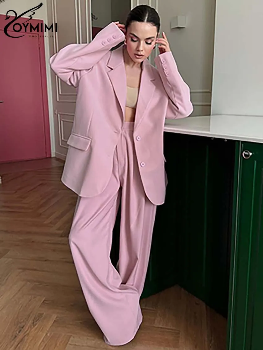 Oymimi Eleganckie różowe 2-częściowe zestawy damskie Moda Długi rękaw Kieszenie Marynarki i proste proste spodnie z wysokim stanem