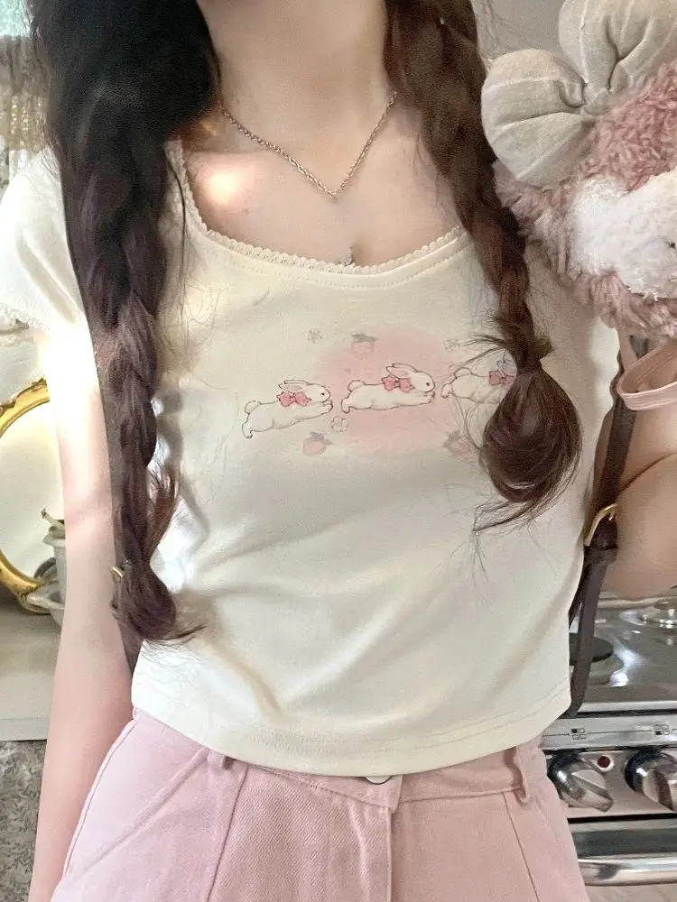 

Summer Japanese Kawaii Print Women's T-irts Lace Trim Sweet Sle Casual Comfortable Fit Faionable Ladies' Tops