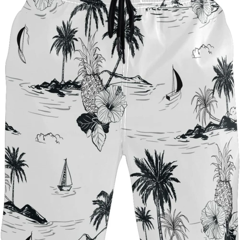 

Summer Beach Shorts with Tropical Pineapple Sailboat Print Drawstring Design for Vacation Daily Wear