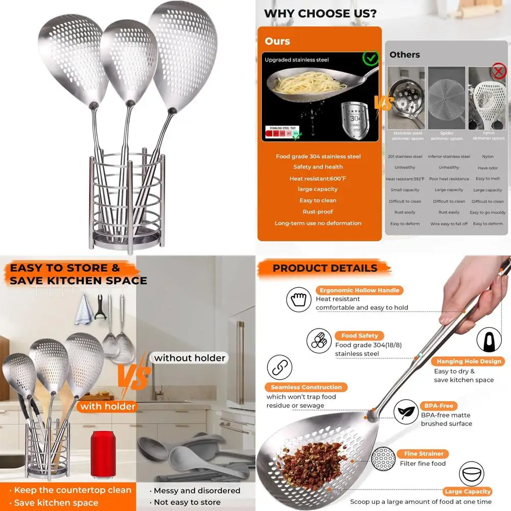 

4-Piece Slotted Spoon Set - Kitchen Pasta Strainer with Holder for Cooking and Frying Food, Pasta, Vegetables, Dumplings, Sizes