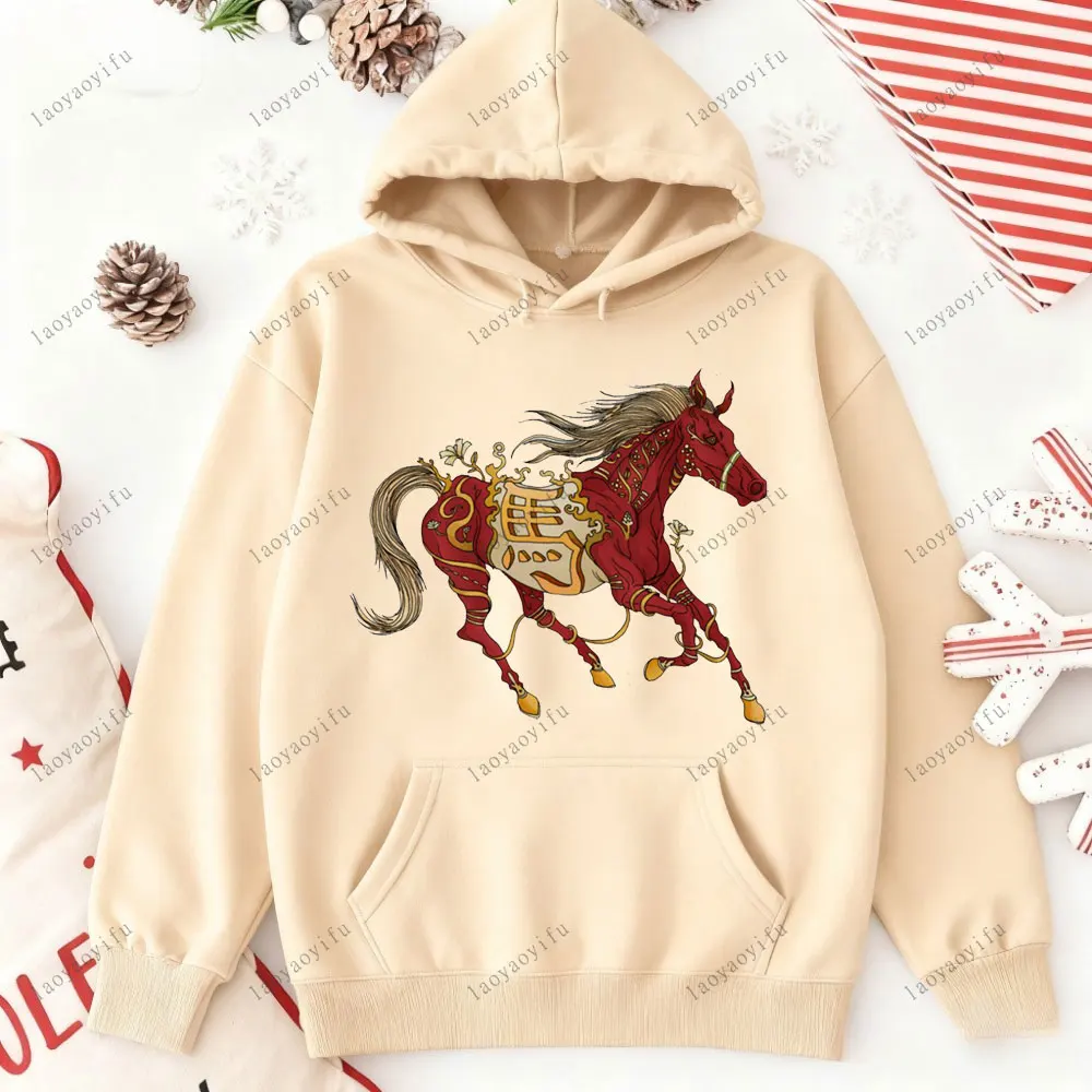 سنة الحصان سنة جديدة سعيدة 2026 السنة الصينية الجديدة الجرافيك هوديي أساسيات هوديي الشارع بلوفر أنيق قطرة الكتف رياضية #5