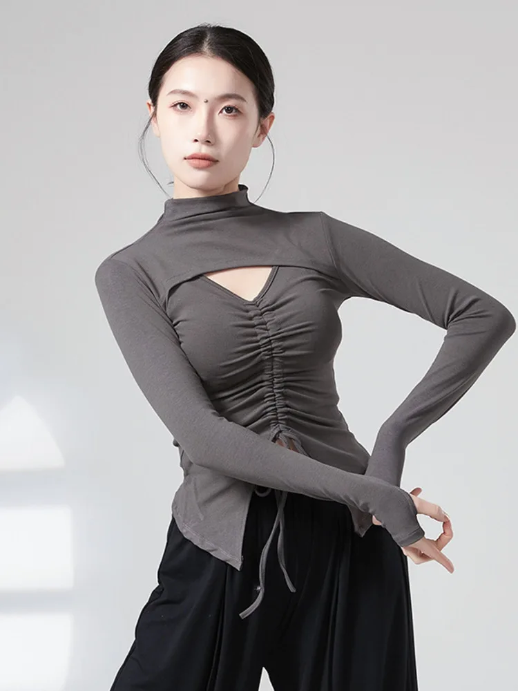 Top de manga larga ajustado con cuello alto y cordón de color liso para mujer – Ropa de actuación de danza clásica