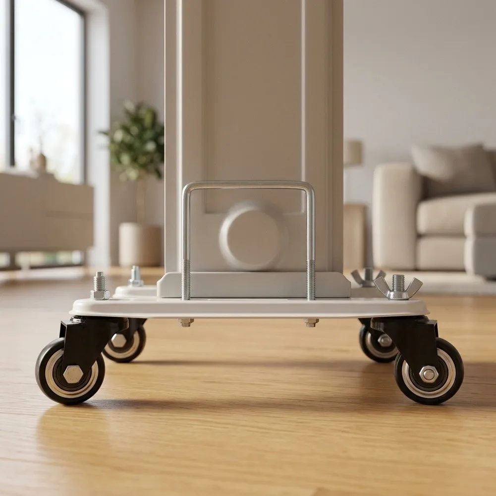 Radiator Mobility Bracket with Rotating Swivel Casters Carbon Steel Construction Designed for Heater Repositioning Tasks