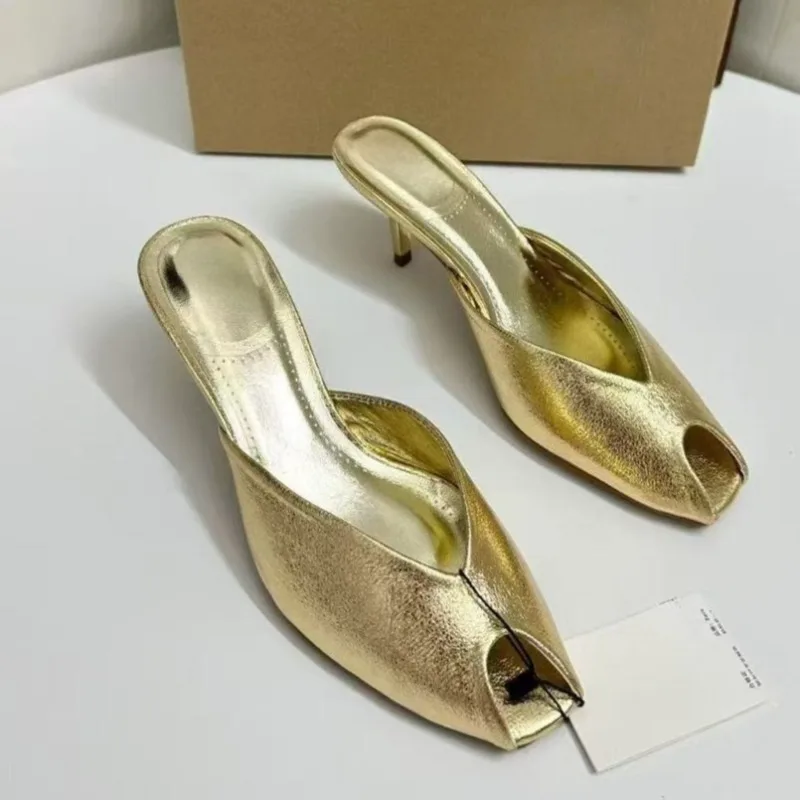 Shiny Gold Women Mules Shoes Shallow Slip on Fashion Peep Toe Party Dress Mid Heels Summer Modern Sandals for Ladies view 2