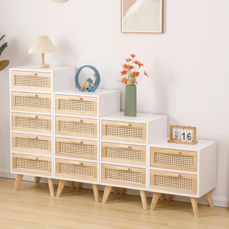 Rattan Nightstands Set with Charging Station Bedside Tables with LED Lights and Drawers Modern Wood End Tables