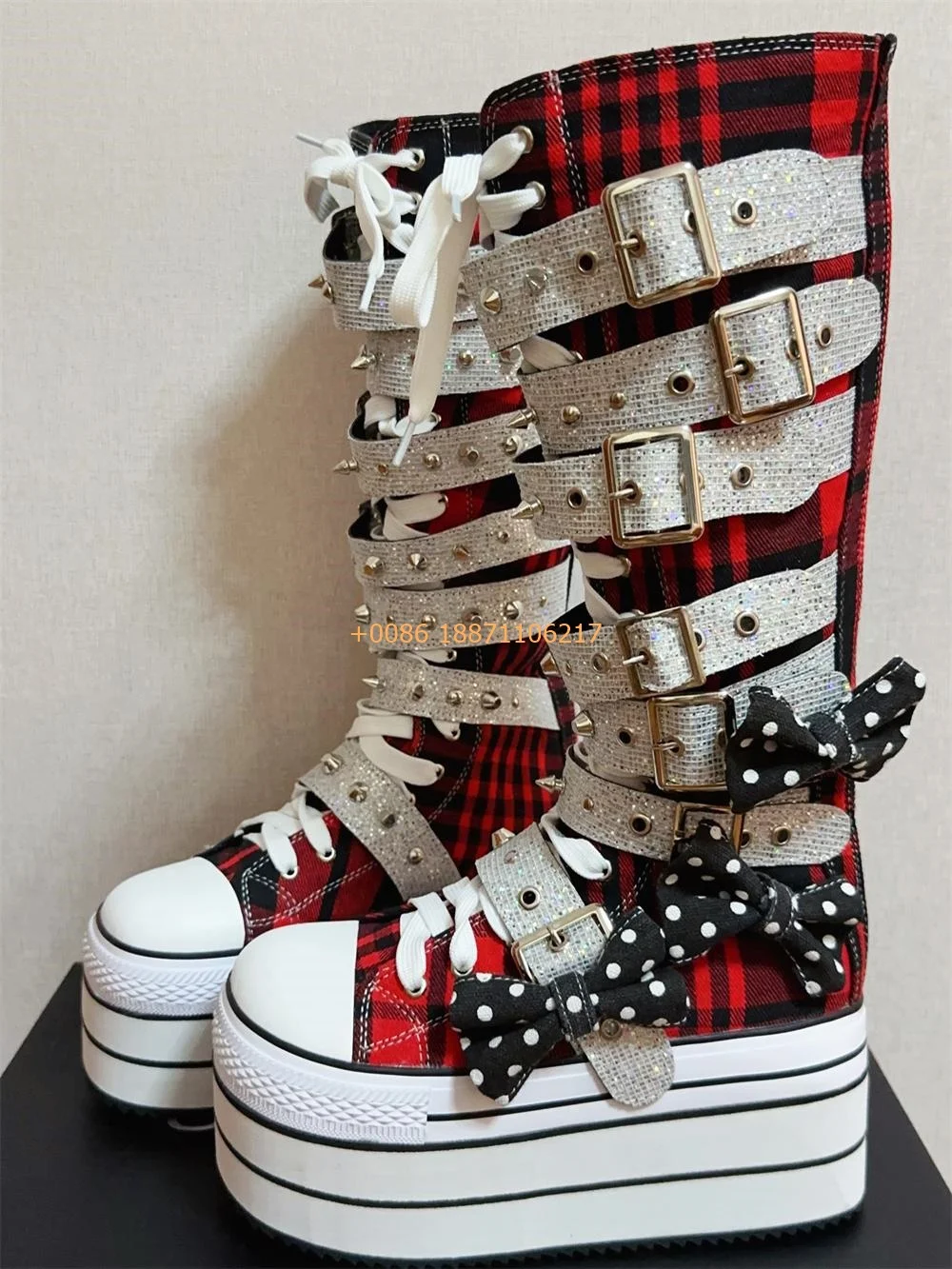 Thick Sole Rivet Belt Buckle Canvas Boots Round Lace Up New Fashion Women Street Cyberpunk Rock Street Sports Casual Long Boots