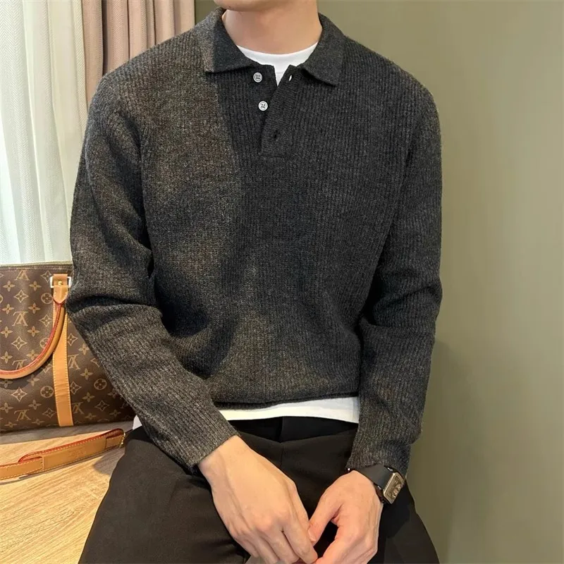 

Korean New Men's Polo Neck Sweater Autumn Luxury Knitted Long Sleeve Pullover Casual Solid Color Streetwear Leisure Knitwear Top