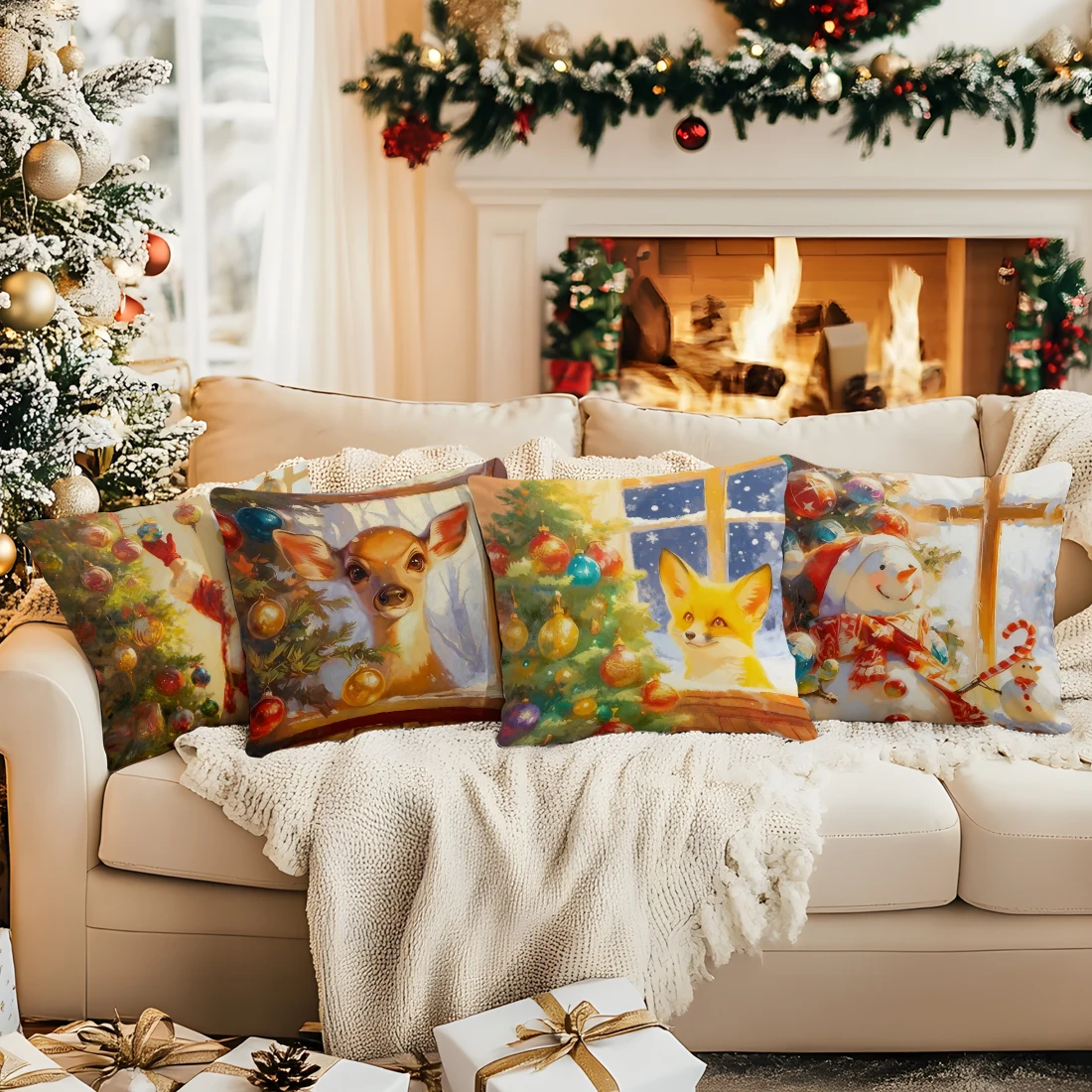 Christmas Theme Cushion Pillowcase Printed Polyester 40/45/50cm Throw Pillowcover Decor Sofa Cushion Pillowslip Home Decor