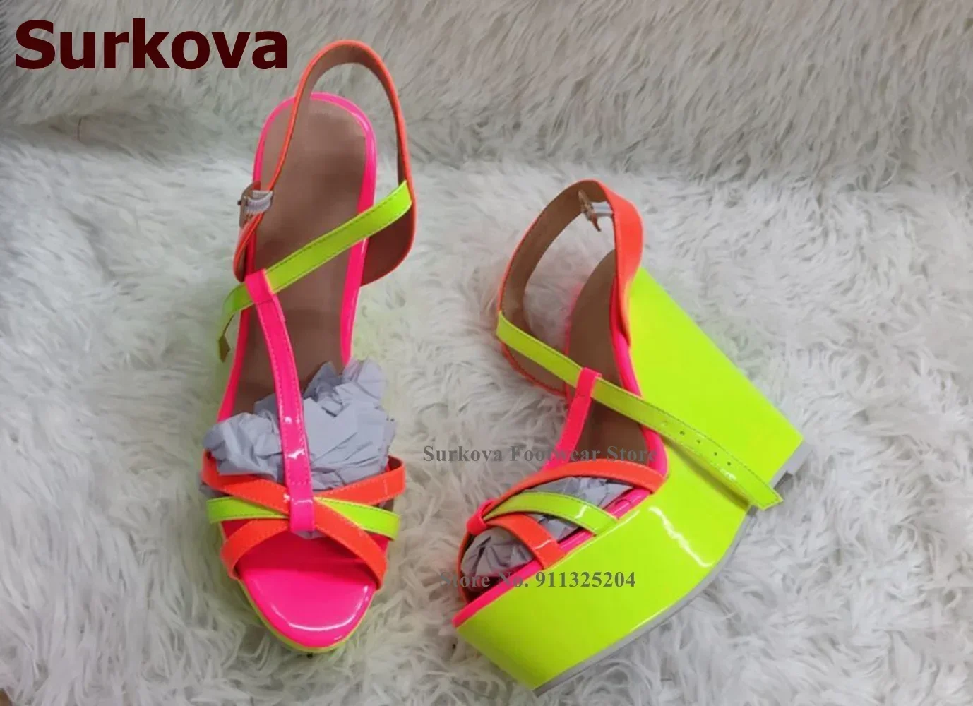 Surkova Sandalias de Tacón de Cuña Amarillo Neón, zapatos de boda de retales de charol naranja y rosa, foto Real, zapatos de tacón para banquete con barra en T, talla 46