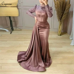 Ciynsia Customized Long Sleeves Evening Gown Mermaid Beading Satin Elegant Arabic Hijab Formal Occasion Dresses Robes De Soirée