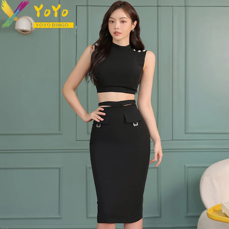 Elegant Formal Suits Black High-neck Sleeveless Short Top+High Waist Split Skirt 2024 Summer Slim Fit Office Lady 2 Pieces Set