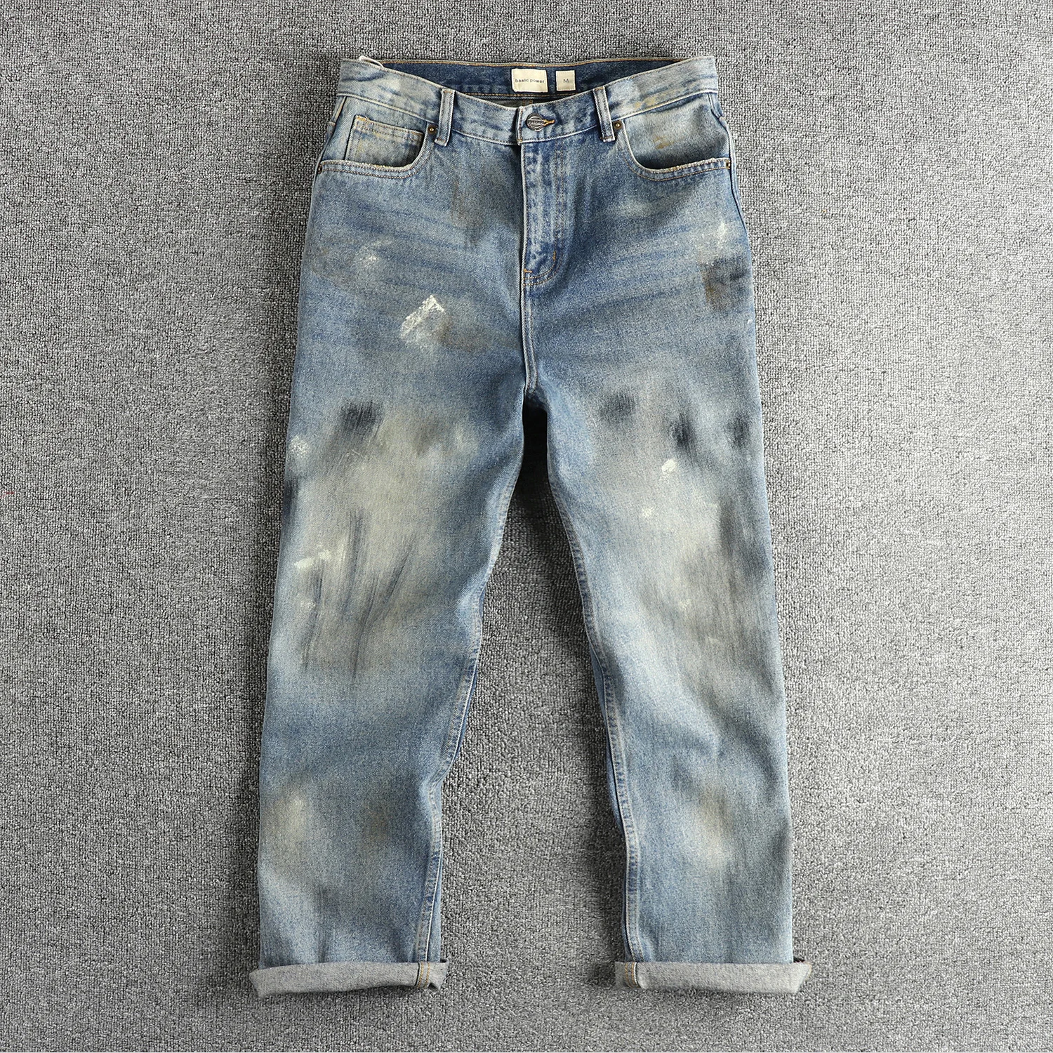 Hand-made splash-ink process American retro trend jeans men heavy wash to do old youth loose straight trousers