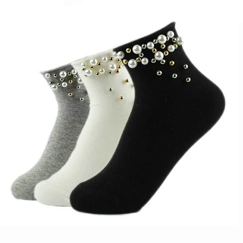 Fashion Women Solid Color Casual Socks w/ Pearls Decoration Ladies Short Cotton Socks