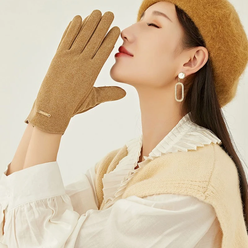 ถุงมืออุ่นสำหรับผู้หญิง ฤดูใบไม้ร่วงและฤดูหนาว ผ้าฟลีซหนา อุ่นสบาย สำหรับขับรถ ปั่นจักรยาน ใช้หน้าจอสัมผัสได้ ถุงมือผ้าฟลีซเยอรมัน