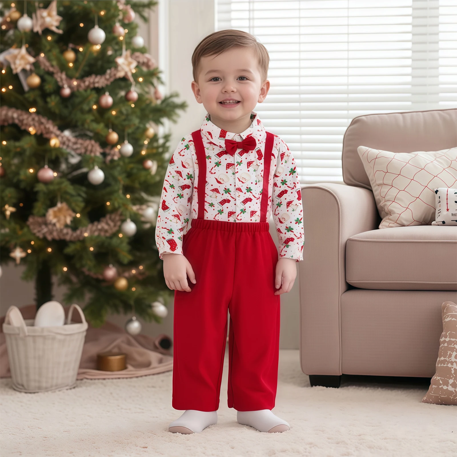 1-5Y Toddler Baby Boys Clothes Set Christmas Gingerbread Pattern Long Sleeve Lapel Shirt Solid Color Overalls Pants 2Pcs Outfits