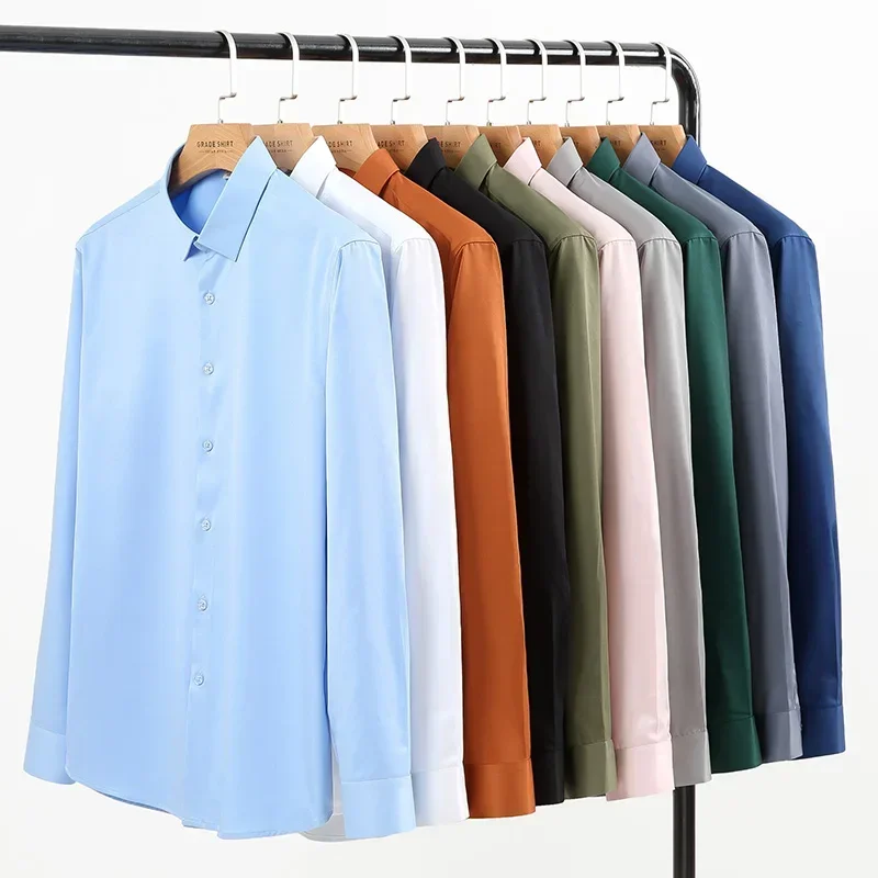 

Luxury Men's Social Dress Shirts Long Sleeve Smooth Soft Wrinkle-resistant Non-iron Formal Shirt Ice Silk Blouse Men Clothing