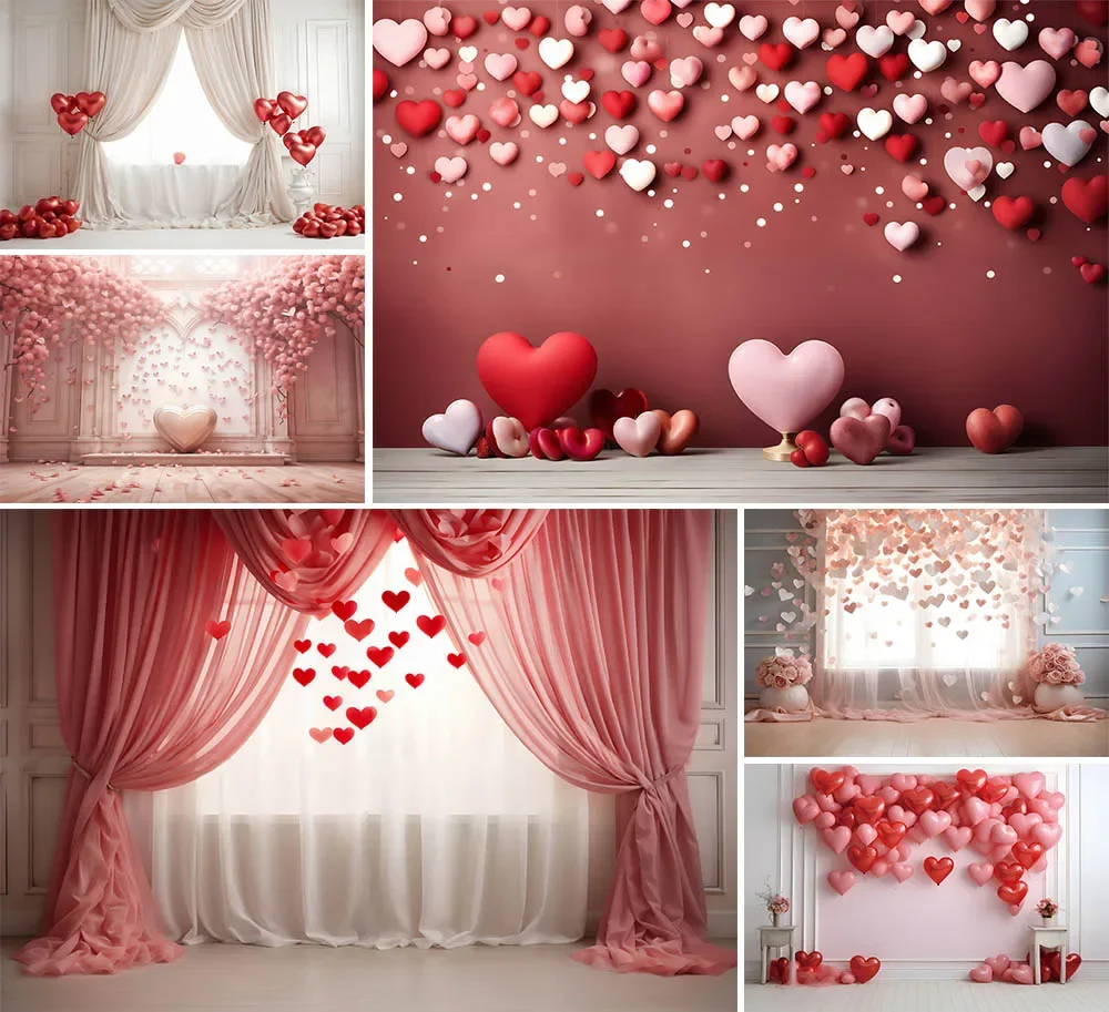 

Mehofond Valentine's Day Decor Backdrop for Photography February 14 Girl Flower Pink Curtain Love Heart Photo Background Studio