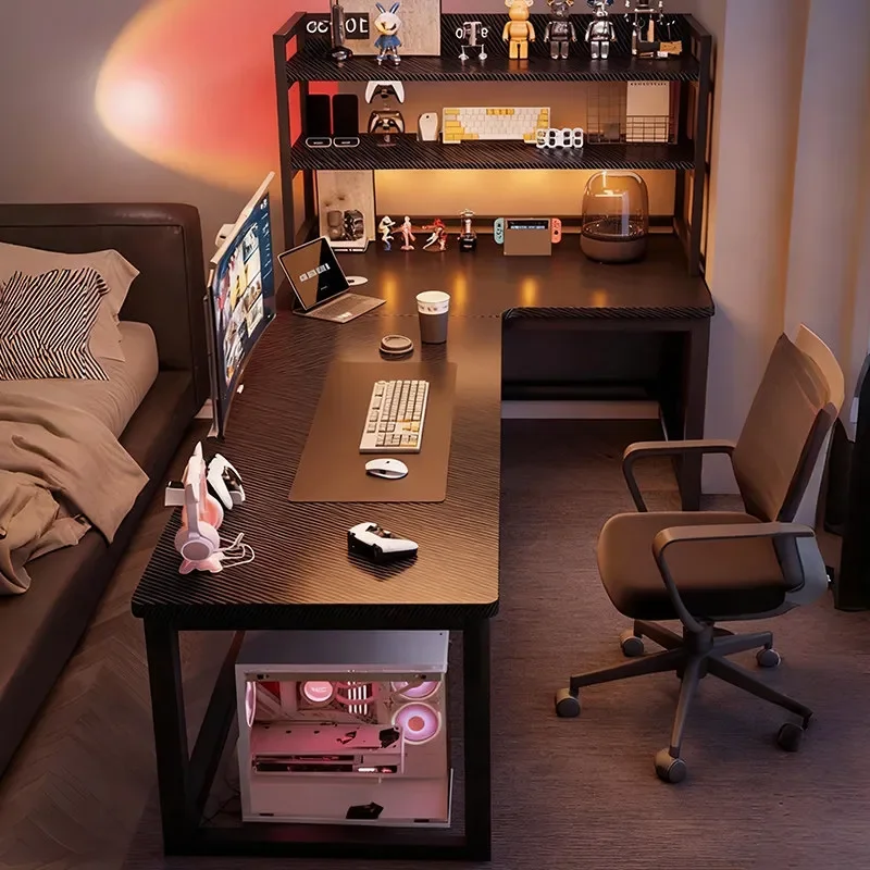 Corner Gaming Desk with Bookshelf Double Computer Table for Home Bedroom Desktop Workstation Integrated Storage Shelf