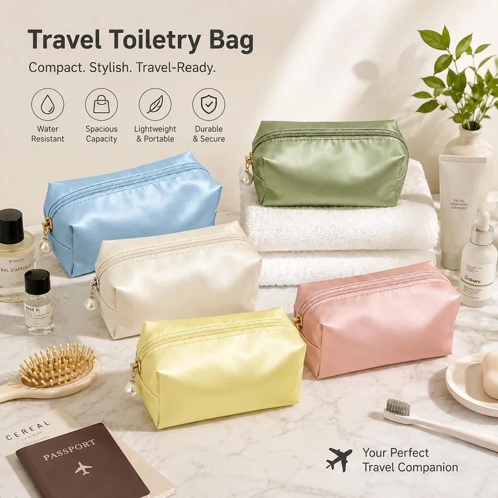 Portable Makeup Bag Simulated Silk Fabric Solid Color Cosmetic Storage Bag Pearl Zipper Pull Design Large Capacity