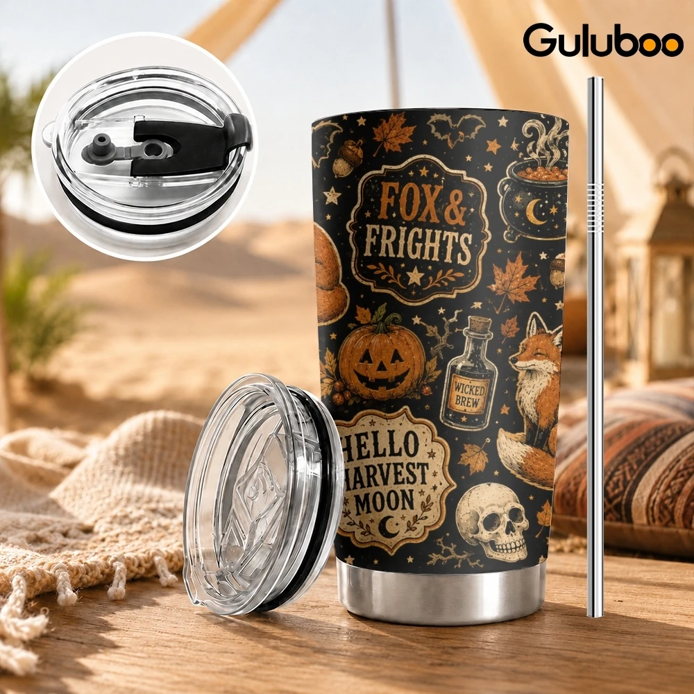 Halloween Label Collage Vacuum Flasks 20oz Stainless Steel Insulated Tumbler Double Wall Travel Mug with 2 Lids Straw Drink Cup